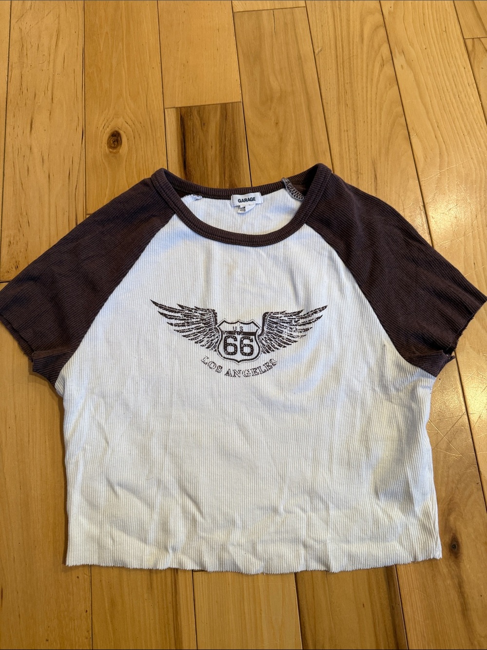 Garage Women’s Cropped White and Brown Raglan Tee with Route 66 Wings